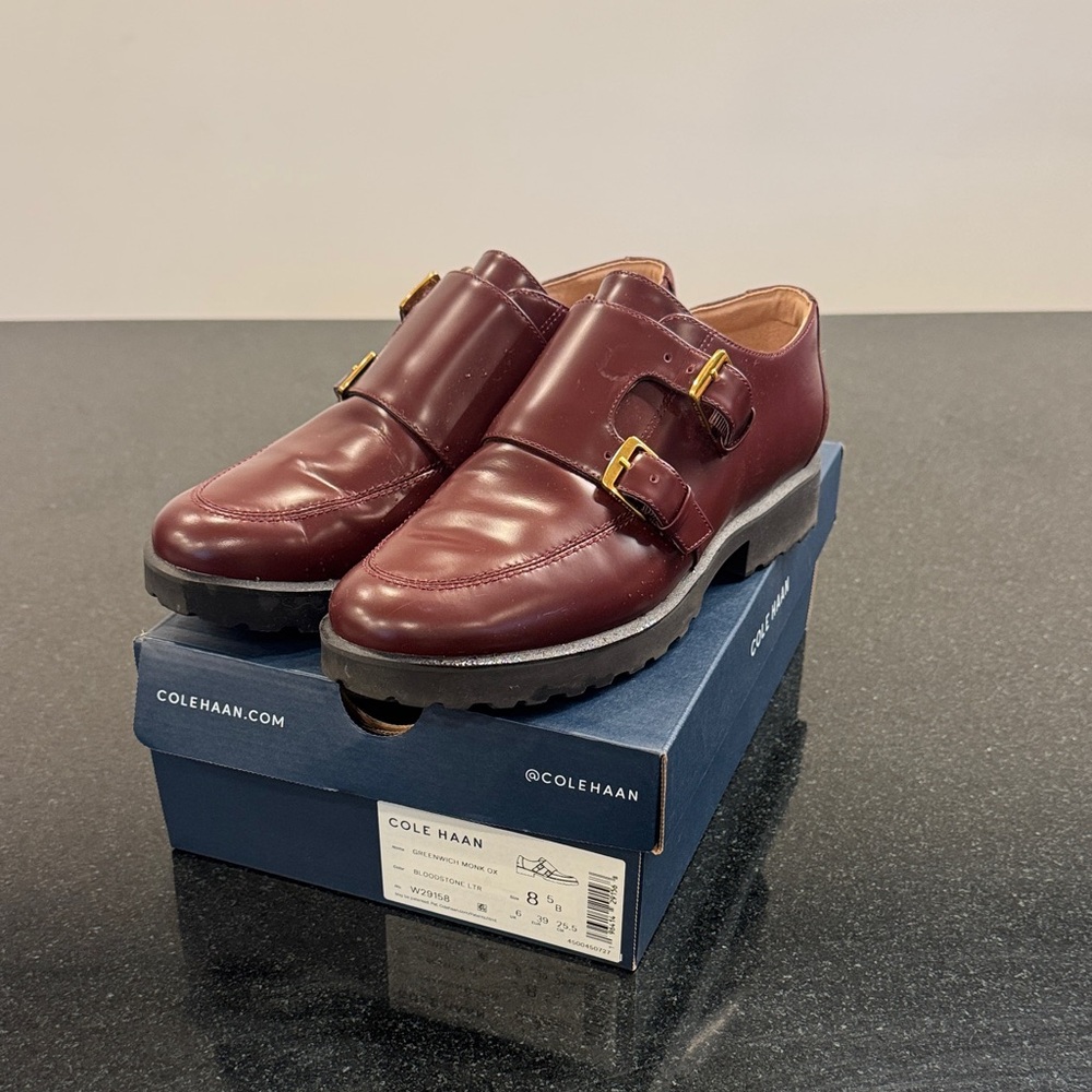 Cole Haan Greenwich Monk Oxford Women’s Maroon Leather Double Strap Shoes Sz 8.5